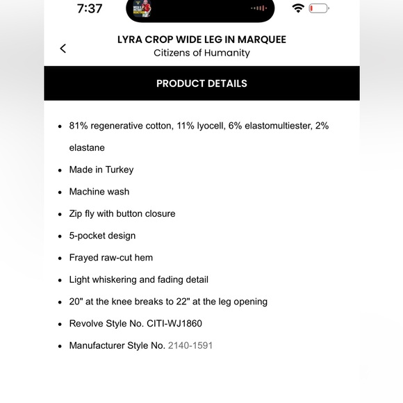 Citizens of Humanity Lyra Wide Leg Crop in marquee, size 29, NWT - Picture 5 of 16